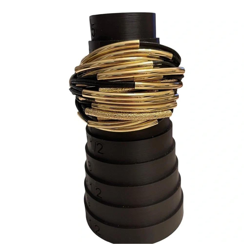 SAACHI Black & Gold Multi-Strand Bracelet - Black Cord with Gold Tube Beads